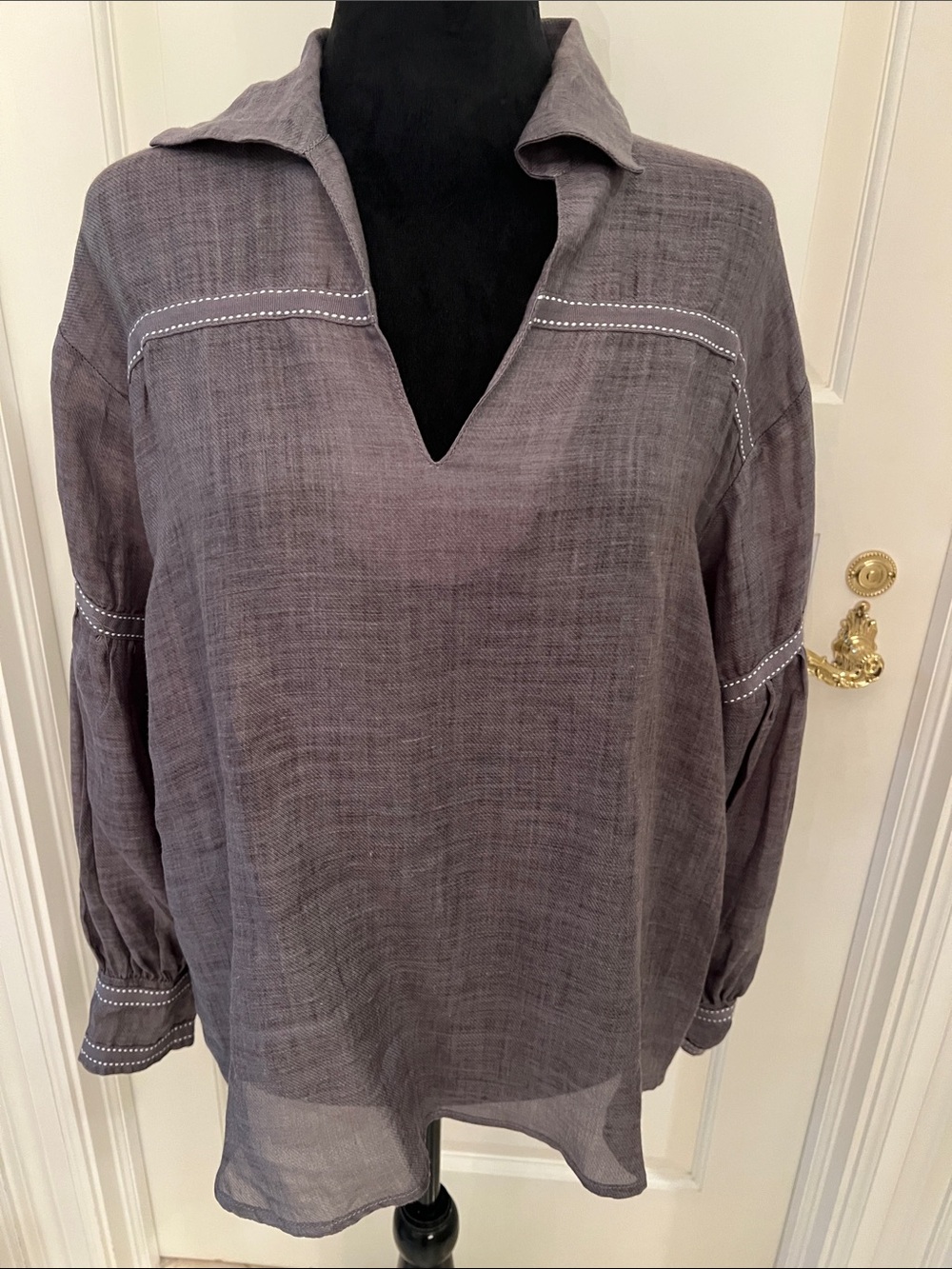Women's Grey V-Neck Collared Blouse